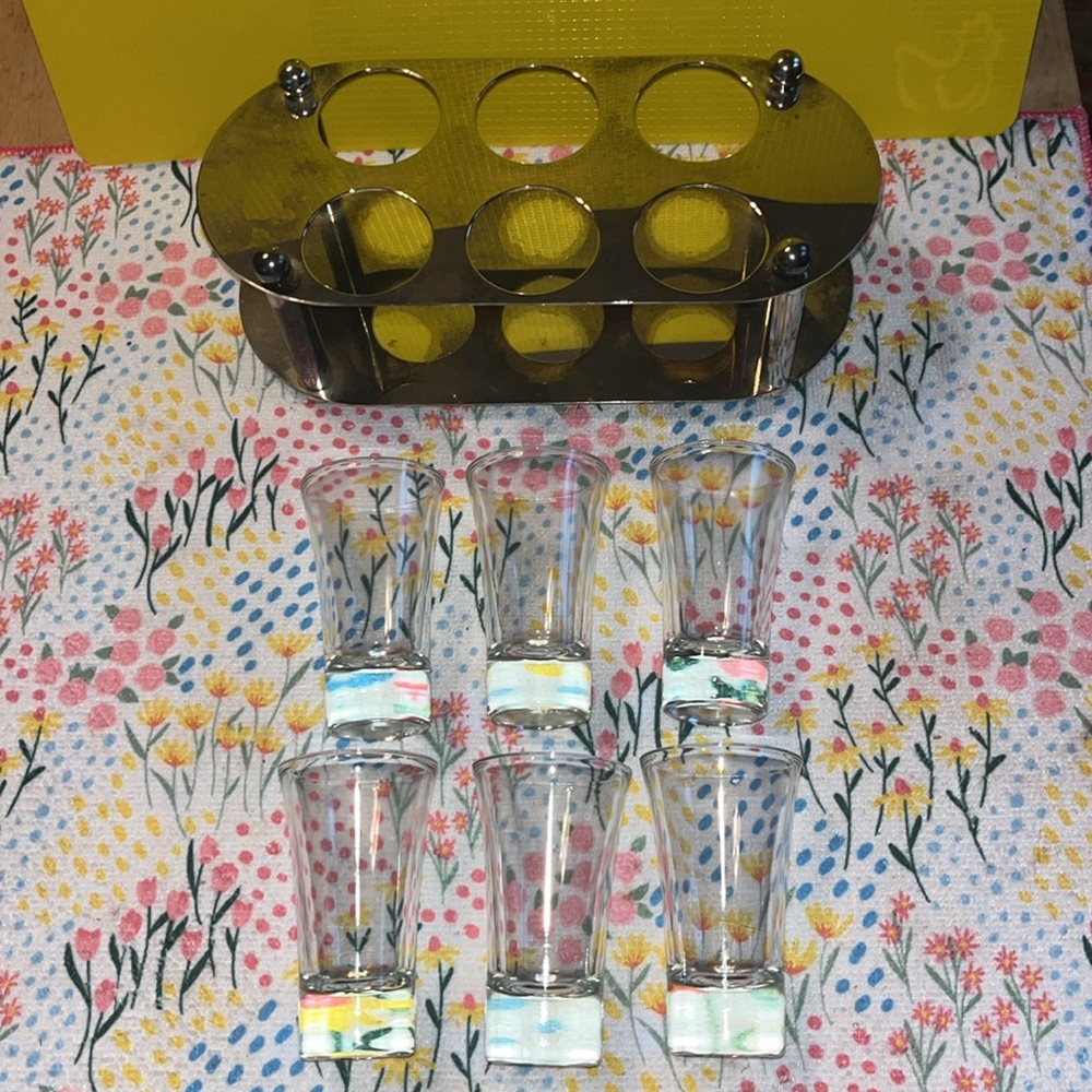Mid-Century Modern Bar Caddy with 6 Cordial‎ Glasses